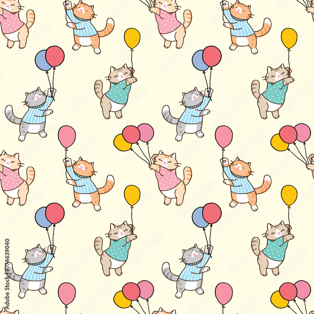 Seamless Pattern of Cartoon Cat and Balloon Design on Light Yellow Background - obrazy, fototapety, plakaty 
