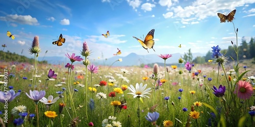 Spring Meadow With Blossoming Wildflowers & Butterflies, Spring background, spring landscape