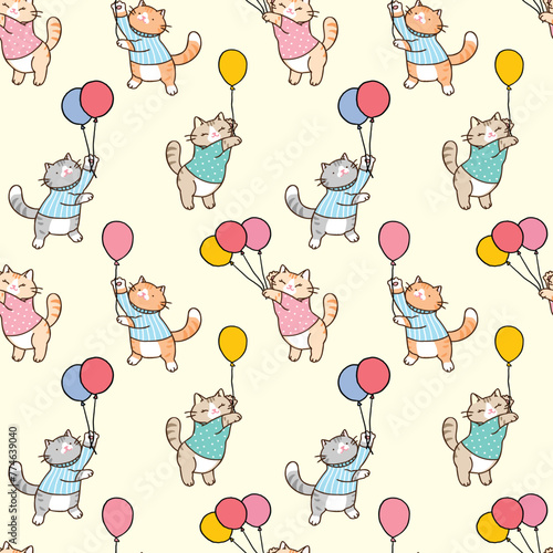 Seamless Pattern of Cartoon Cat and Balloon Design on Light Yellow Background © Supannee
