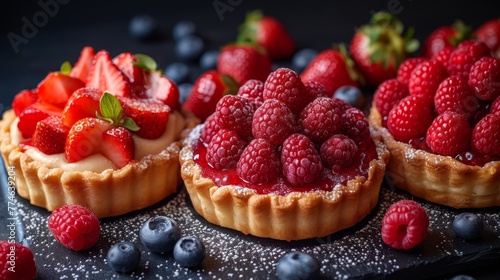  A tight shot of fruit tarts on a tray, garnished with blueberries and raspberries nearby