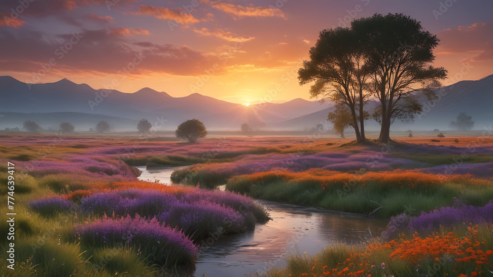 Sunrise Over Colorful Flowering Meadow and Serene River