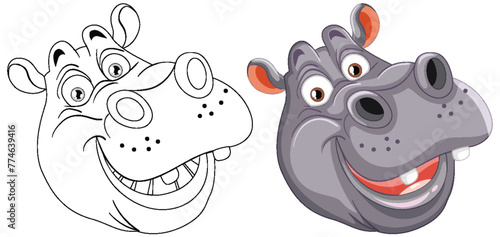 Two stylized hippopotamus faces, one colored, one line art.