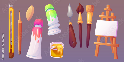 Art paint tool cartoon. Easel and brush for artist. School drawing supplies icon set. Canvas, oil, gouache, eraser and pencil equipment for creative hobby education and leisure. Work stationery