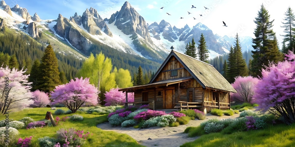 Fototapeta premium Rustic Mountain Cabin Retreat With Spring Cherry Blossom, spring background, spring landscape
