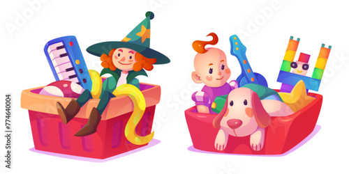 Kid toys collected in box. Cartoon vector illustration set of plastic container with child playthings. Pile of games elements in package for home or kindergarten storage, donate and charity © klyaksun