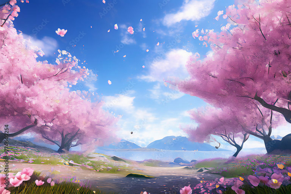 Illustration background of cherry blossoms in full bloom and petals dancing in the blue sky