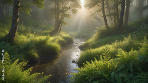 Sunrays Filtering Through Misty Forest Over Stream © CreativeCanvas