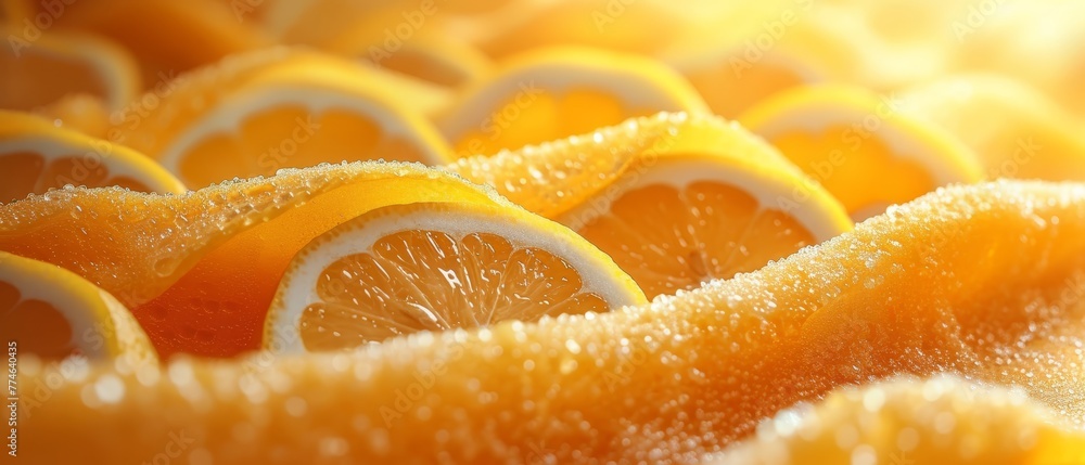 A tight shot of oranges halved, arranged atop a mound of whole oranges A tight shot of oranges halved, arranged atop a mound of whole oranges