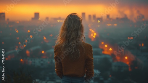  A woman stands atop a hill, gazing at the city below bathed in night's soft glow Lights twinkle in the velvet sky above, while building outlines define