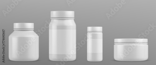 Plastic bottle for pills and supplements mockup. Realistic 3d vector set of white jar for medicine and vitamin with blank label. Template of round closed container pharmacy capsule, tablet or powder.