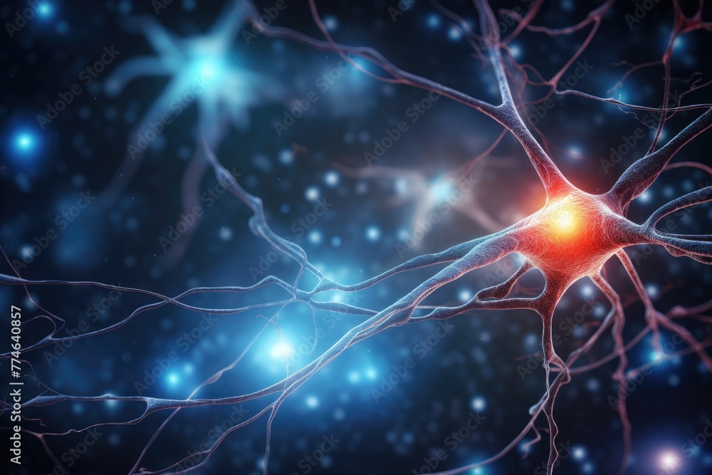 Lighting neuron cell, 3d rendering of neuron cell with neurons and nervous system Science background,3d rendering of neuron cell with glowing particles, AI generated Lighting neuron cell, 3d rendering of neuron cell with neurons and nervous system Science background,3d rendering of neuron cell with glowing particles, AI generated