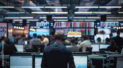 Wall Street Trading: Busy Office Environment with Stock Market Action