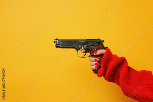 Eine Frau mit rot lackierten Fingernägeln hält eine Pistole in der Hand, gelber Hintergrund  photo