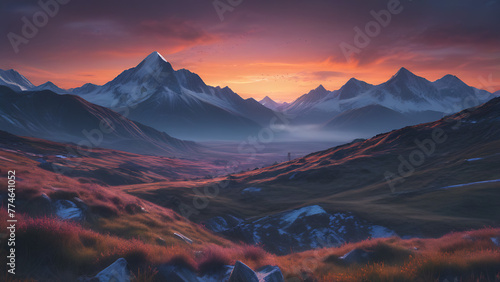 Majestic Sunset Over Snow-Capped Mountain Peaks