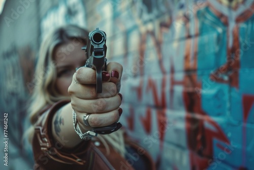 Empowered and Prepared: Woman Aiming Gun with Determination and Focus