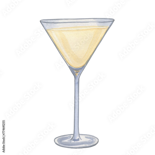 Martini cocktail in a glass goblet watercolor illustration. Hand drawn image of vermouth on an isolated background. For the bar and menu.