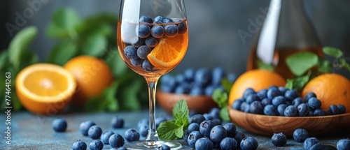   A glass of wine, a bowl with blueberries and oranges, and a bottle on the table