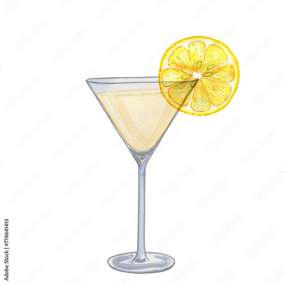 Martini cocktail in a glass goblet watercolor illustration. Hand drawn image of vermouth with a piece of lemon on an isolated background. For the bar and menu. Martini cocktail in a glass goblet watercolor illustration. Hand drawn image of vermouth with a piece of lemon on an isolated background. For the bar and menu.