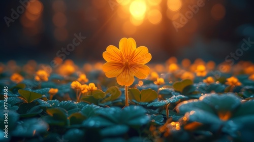   A tight shot of a bloom amidst a sea of flowers, bathed in sunlight behind