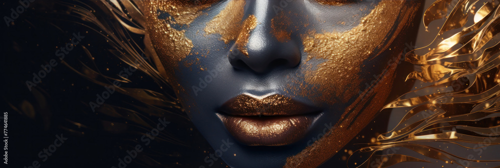 A woman's face is covered with shimmering gold paint with a shiny grainy tint on a black background. Fashion makeup advertising banner mockup.
