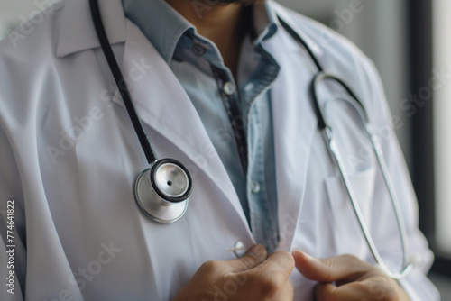 Close up of male doctor hands holding a stethoscope in medical office. AI.