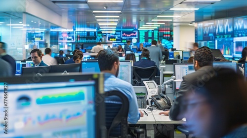 Wall Street Trading: Busy Office Environment with Stock Market Action