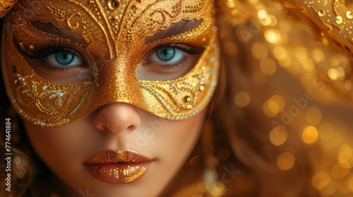  A tight shot of a woman's face adorned with a gold mask and sequins accents