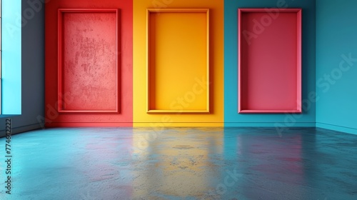  one blue  another red  and the third yellow The floor complements with a pink hue