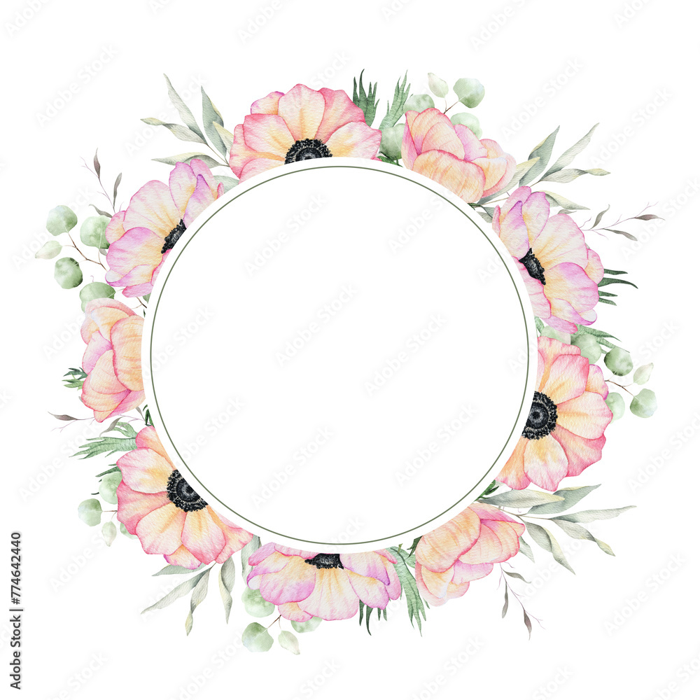 Anemone rose flowers and leaves. Isolated hand drawn watercolor frame of pink poppies. Summer floral wreath for wedding invitations, cards, packaging of goods