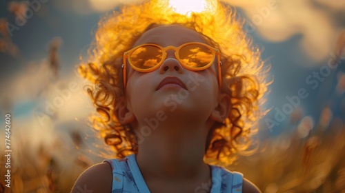 A cute child looks at the solar eclipse with sunglasses