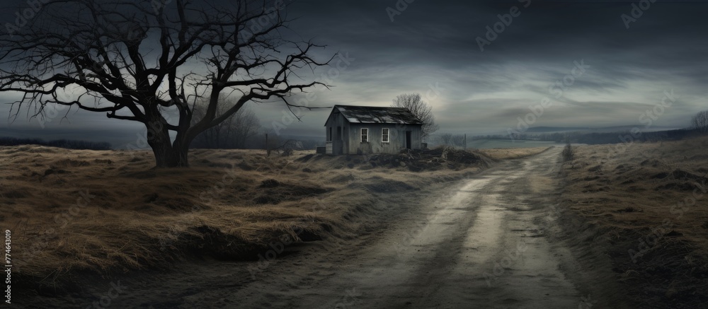A simple house is situated along a rustic country path, with a leafy tree standing tall in the distant background A simple house is situated along a rustic country path, with a leafy tree standing tall in the distant background