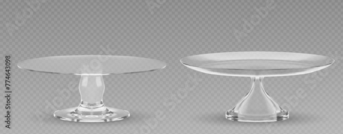 3d glass cake plate for dessert isolated vector. Realistic birthday dish stand for table. Empty pie display tray graphic set. Pretty crystal sweet food pedestal. Luxury cupcake showcase glassware