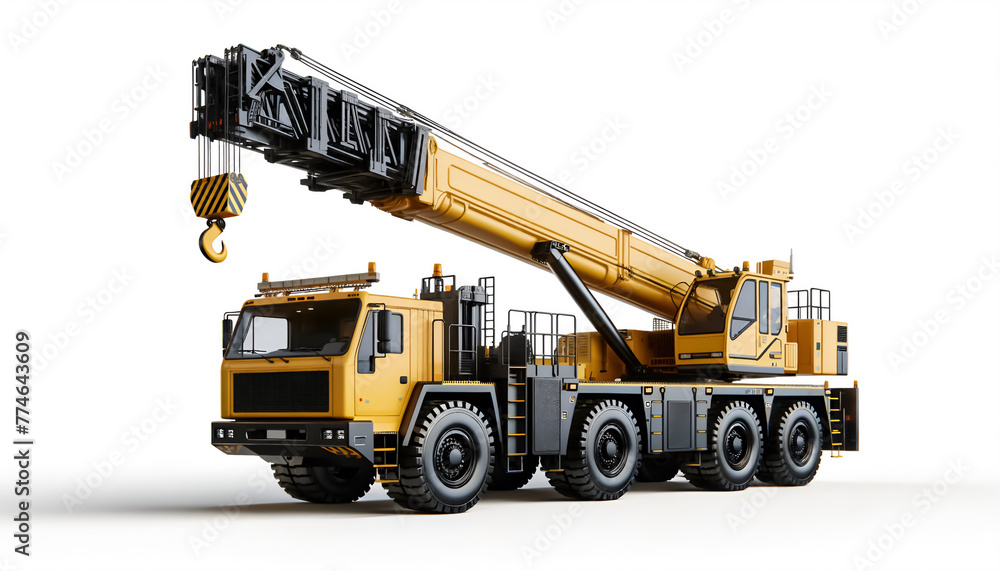 Yellow crane truck with extending crane arm, 3D render of crane truck with driver cab, Crane truck with hook at end 3D illustration, Crane truck with driver cab and extending arm