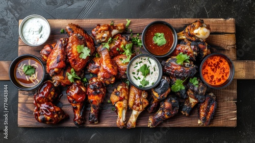 Assorted glazed barbecued chicken wings on a plate with sauces.
