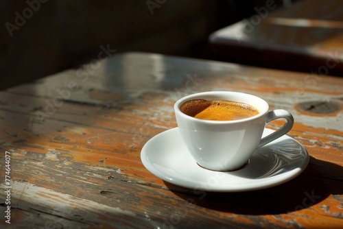 Eine Tasse Espresso auf einem Holztisch 