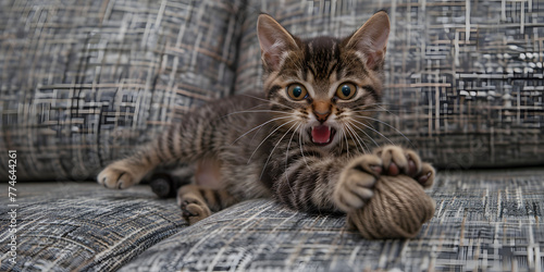 Filhote de gato brincando com uma bola de lã
