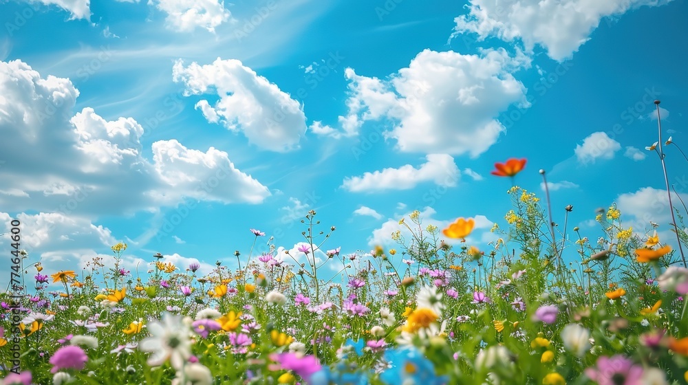 Spring or summer landscape with meadow flowers and blue sky with clouds  ,Generative ai, 