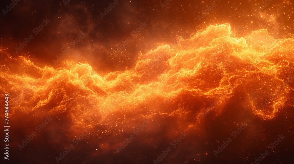  an expansive orange and yellow cloud of fire and smoke against a backdrop of infinite blackness, speckled with stars in the celestial sky