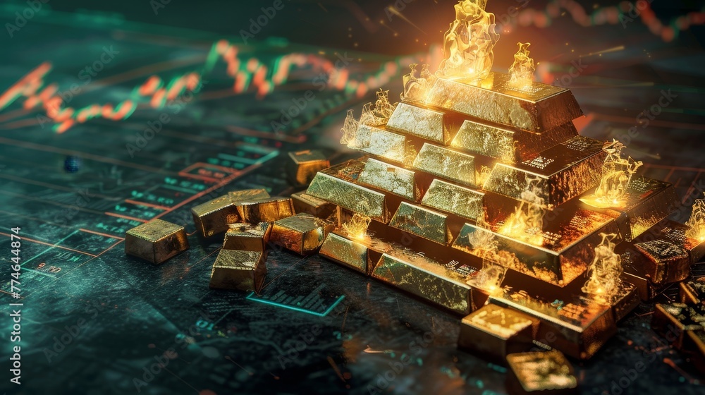 A pyramidal arrangement of gold bars catching fire to symbolize the hot ...
