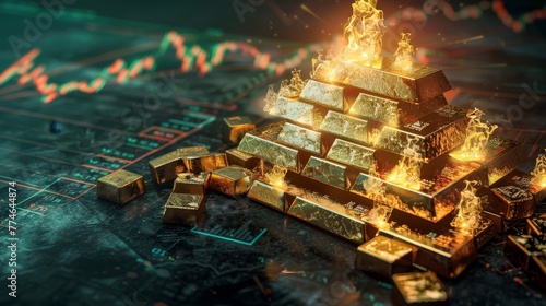 A pyramidal arrangement of gold bars catching fire to symbolize the hot, rising prices of gold in a volatile market, set against a backdrop of vintage stock charts photo