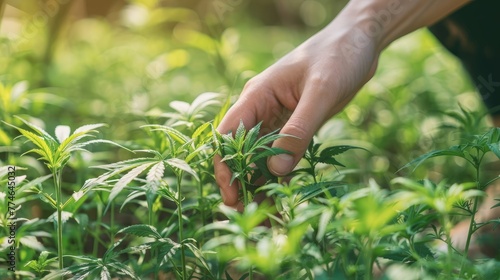 Close-up of a young entrepreneur's hand gently checking cannabis flowers in a hemp field, embodying the future of agriculture and alternative medicine