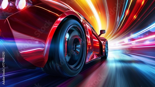 A red sports car speeds through a tunnel illuminated by colorful lights, creating a dynamic and vibrant scene