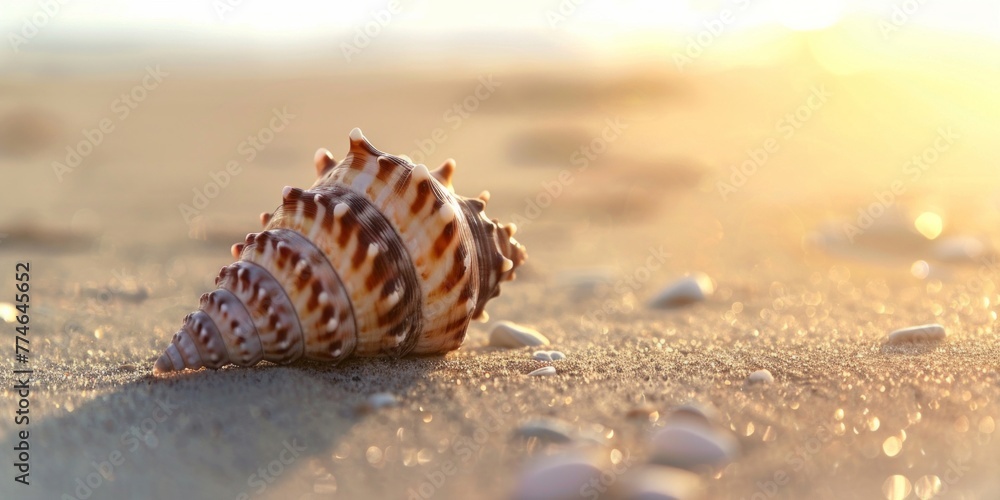 Detailed view of a sea shell resting on sandy beach at sunrise Detailed view of a sea shell resting on sandy beach at sunrise