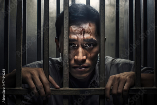 Business corrupt oldman prisoner in orange uniform holds hands on metal bars, looking at camera. Standing, sitting behind prison bars. 