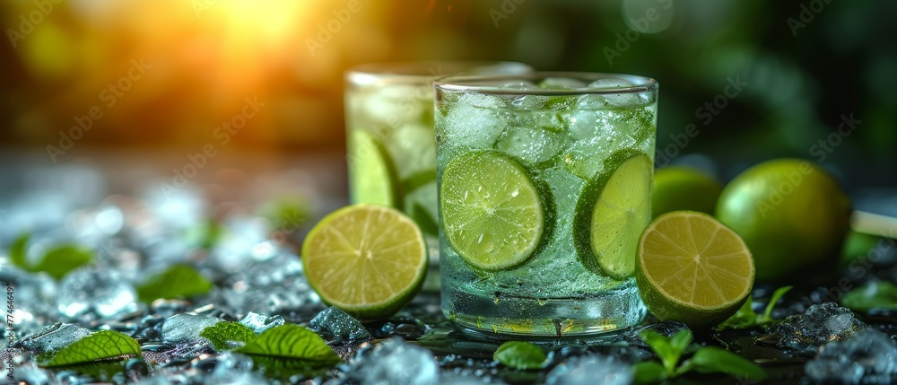 A tight shot of two glassware filled with water and sliced limes Ice cubes and lime leaves adorn the table A tight shot of two glassware filled with water and sliced limes Ice cubes and lime leaves adorn the table