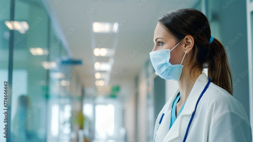 Female doctor navigating a bright hospital
