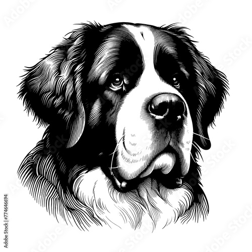 St. Bernard dog portrait. Hand Drawn Pen and Ink. Vector Isolated in White. Engraving vintage style illustration for print, tattoo, t-shirt	