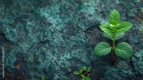  A tiny green plant emerges from a fissure in a rock wall, surrounded by other plants