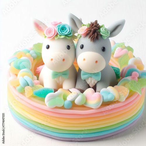 a couple wedding donkey in nest made of pastel color rainbow gummy candy on a white background