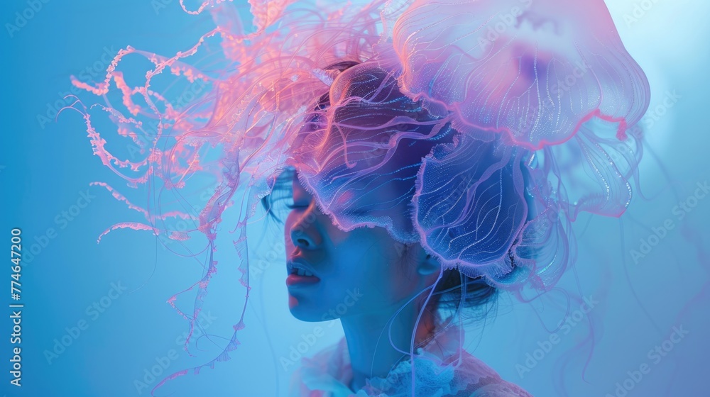 Artistic portrait of a person with illuminated jellyfish-like headpiece in blue tones.